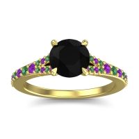 Black Onyx Ring In 14k Yellow Gold With Amethyst And Emerald Hanu Round Classic Ring