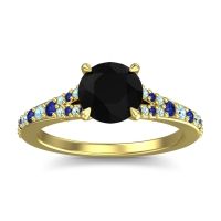 Black Onyx Ring In 14k Yellow Gold With Blue Sapphire And Aquamarine Hanu Round Classic Ring
