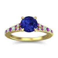 Blue Sapphire Ring In 14k Yellow Gold With Aquamarine And Amethyst Hanu Round Classic Ring