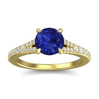 Blue Sapphire Ring In 14k Yellow Gold With Lab Diamond Hanu Round Classic Ring