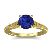 Blue Sapphire Ring In 14k Yellow Gold With Pink Tourmaline And Peridot Hanu Round Classic Ring