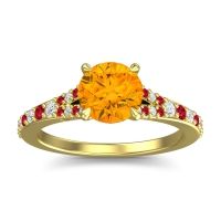 Citrine Ring In 14k Yellow Gold With Lab Diamond And Ruby Hanu Round Classic Ring