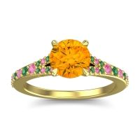 Citrine Ring In 14k Yellow Gold With Pink Tourmaline And Emerald Hanu Round Classic Ring