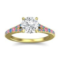 Lab Diamond Ring In 18k Yellow Gold With Pink Tourmaline And Swiss Blue Topaz Hanu Round Classic Ring