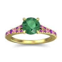 Emerald Ring In 18k Yellow Gold With Pink Tourmaline And Amethyst Hanu Round Classic Ring