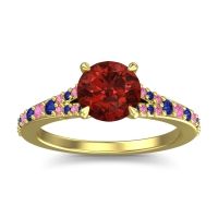 Garnet Ring In 14k Yellow Gold With Blue Sapphire And Pink Tourmaline Hanu Round Classic Ring