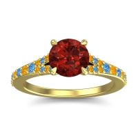 Garnet Ring In 18k Yellow Gold With Swiss Blue Topaz And Citrine Hanu Round Classic Ring