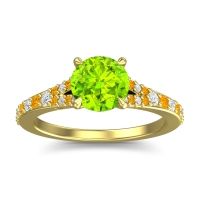 Peridot Ring In 14k Yellow Gold With Lab Diamond And Citrine Hanu Round Classic Ring