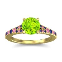 Peridot Ring In 14k Yellow Gold With Pink Tourmaline And Blue Sapphire Hanu Round Classic Ring
