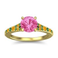 Pink Tourmaline Ring In 14k Yellow Gold With Citrine And Emerald Hanu Round Classic Ring