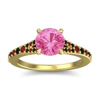 Pink Tourmaline Ring In 18k Yellow Gold With Garnet And Black Onyx Hanu Round Classic Ring