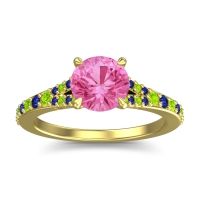 Pink Tourmaline Ring In 14k Yellow Gold With Peridot And Blue Sapphire Hanu Round Classic Ring