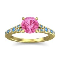 Pink Tourmaline Engagement Ring In 14k Yellow Gold With Swiss Blue Topaz And Diamond - Hanu Round Classic Ring