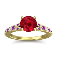 Ruby Engagement Ring In 14k Yellow Gold With Amethyst And Diamond - Hanu Round Classic Ring