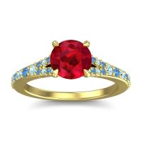 Ruby Ring In 14k Yellow Gold With Aquamarine And Swiss Blue Topaz Hanu Round Classic Ring