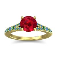 Ruby Ring In 18k Yellow Gold With Emerald And Swiss Blue Topaz Hanu Round Classic Ring