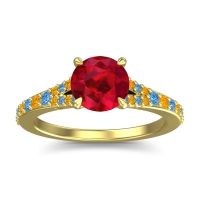 Ruby Ring In 18k Yellow Gold With Swiss Blue Topaz And Citrine Hanu Round Classic Ring