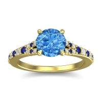 Swiss Blue Topaz Ring In 14k Yellow Gold With Blue Sapphire And Lab Diamond Hanu Round Classic Ring
