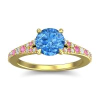 Swiss Blue Topaz Ring In 14k Yellow Gold With Pink Tourmaline And Lab Diamond Hanu Round Classic Ring