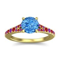 Swiss Blue Topaz Ring In 14k Yellow Gold With Ruby And Amethyst Hanu Round Classic Ring