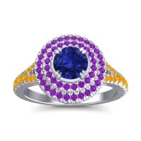 Blue Sapphire Ring In Palladium With Amethyst And Citrine Nikama Round Halo Ring