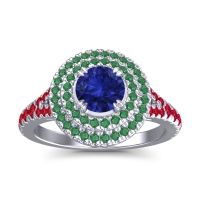 Blue Sapphire Ring In 14k White Gold With Emerald And Ruby Nikama Round Halo Ring