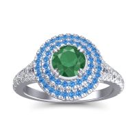 Emerald Engagement Ring In 14k White Gold With Swiss Blue Topaz And Diamond - Nikama Round Halo Ring