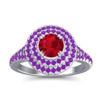 Ruby Ring In 14k White Gold With Amethyst Nikama Round Halo Ring