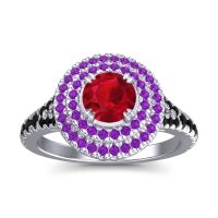 Ruby Ring In 14k White Gold With Amethyst And Black Onyx Nikama Round Halo Ring