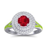 Ruby Ring In Palladium With Lab Diamond And Peridot Nikama Round Halo Ring
