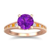 Amethyst Ring In 14K Rose Gold With Lab Diamond And Citrine Vati Round Antique Ring