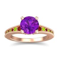 Amethyst Ring In 14K Rose Gold With Garnet And Peridot Vati Round Antique Ring
