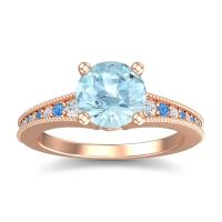 Aquamarine Ring In 14K Rose Gold With Lab Diamond And Swiss Blue Topaz Vati Round Antique Ring