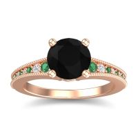 Black Onyx Engagement Ring In 18K Rose Gold With Emerald And Diamond - Vati Round Antique Ring