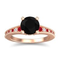 Black Onyx Engagement Ring In 18K Rose Gold With Ruby And Diamond - Vati Round Antique Ring