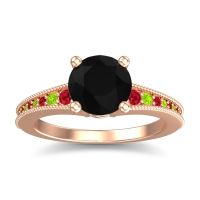Black Onyx Ring In 18K Rose Gold With Ruby And Peridot Vati Round Antique Ring