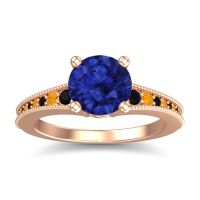 Lab Blue Sapphire Ring In 18K Rose Gold With Black Onyx And Citrine Vati Round Antique Ring