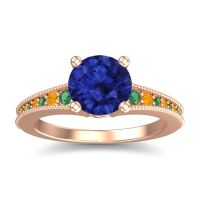 Lab Blue Sapphire Ring In 18K Rose Gold With Emerald And Citrine Vati Round Antique Ring
