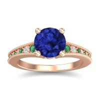 Lab Blue Sapphire Engagement Ring In 18K Rose Gold With Emerald And Diamond - Vati Round Antique Ring