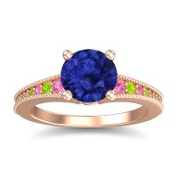 Lab Blue Sapphire Ring In 14K Rose Gold With Pink Tourmaline And Peridot Vati Round Antique Ring