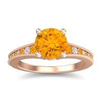 Citrine Engagement Ring In 18K Rose Gold With Diamond - Vati Round Antique Ring