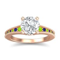 Lab Diamond Ring In 18K Rose Gold With Peridot And Blue Sapphire Vati Round Antique Ring