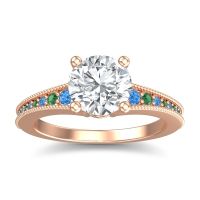 Lab Diamond Ring In 14K Rose Gold With Swiss Blue Topaz And Emerald Vati Round Antique Ring