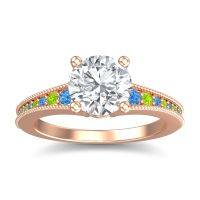 Lab Diamond Ring In 18K Rose Gold With Swiss Blue Topaz And Peridot Vati Round Antique Ring