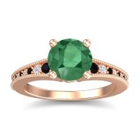 Emerald Engagement Ring In 18K Rose Gold With Black Onyx And Diamond - Vati Round Antique Ring
