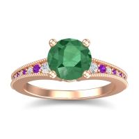 Emerald Ring In 18K Rose Gold With Lab Diamond And Amethyst Vati Round Antique Ring