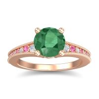 Emerald Ring In 18K Rose Gold With Lab Diamond And Pink Tourmaline Vati Round Antique Ring