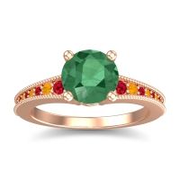 Lab Emerald Ring In 14K Rose Gold With Ruby And Citrine Vati Round Antique Ring
