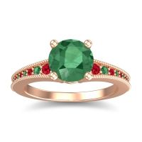 Lab Emerald Ring In 14K Rose Gold With Ruby And Emerald Vati Round Antique Ring