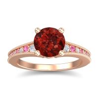 Garnet Ring In 14K Rose Gold With Diamond And Pink Tourmaline Vati Round Antique Ring